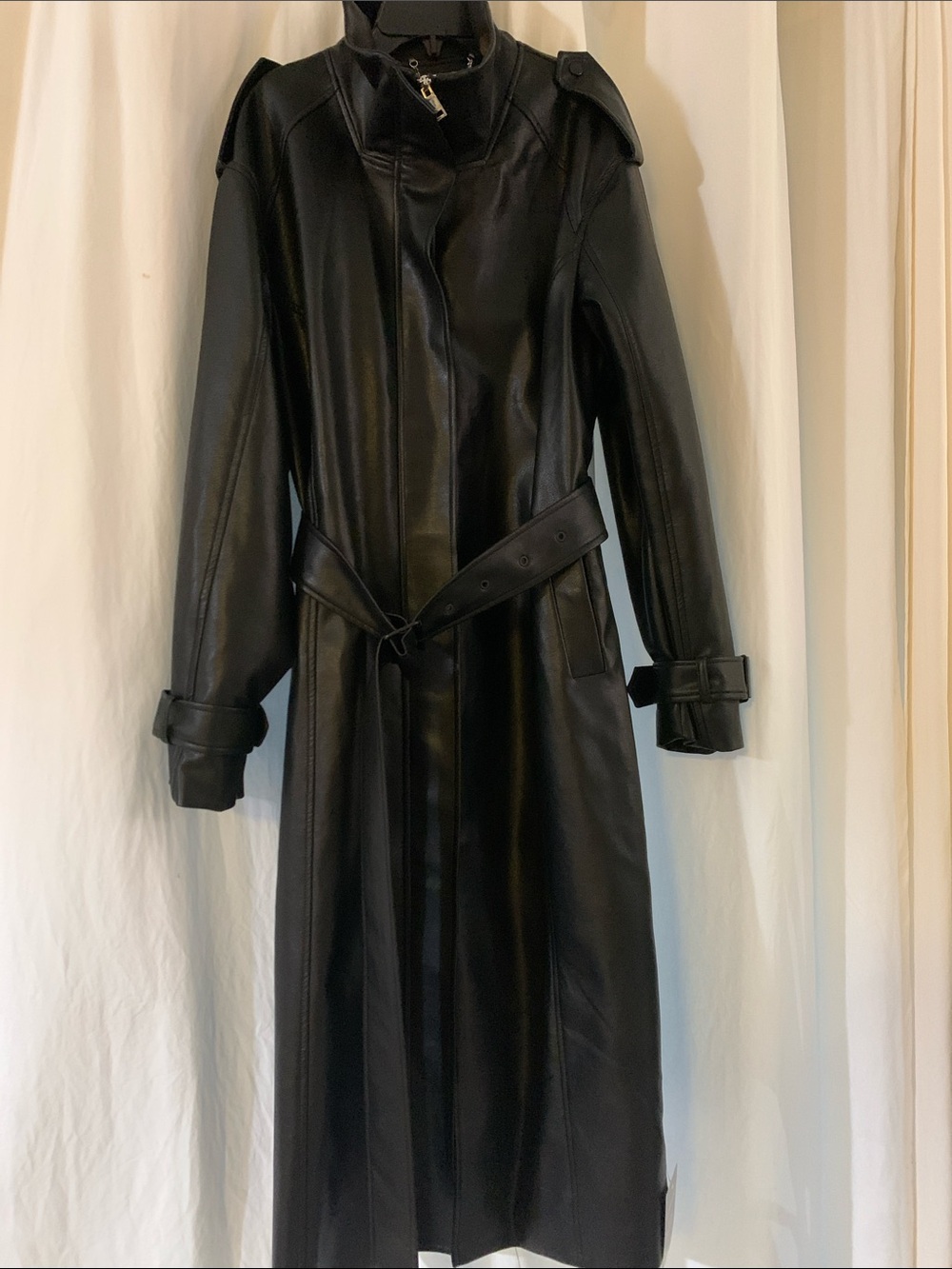 Long Black Faux Leather Trench Coat - Women's Classic Style